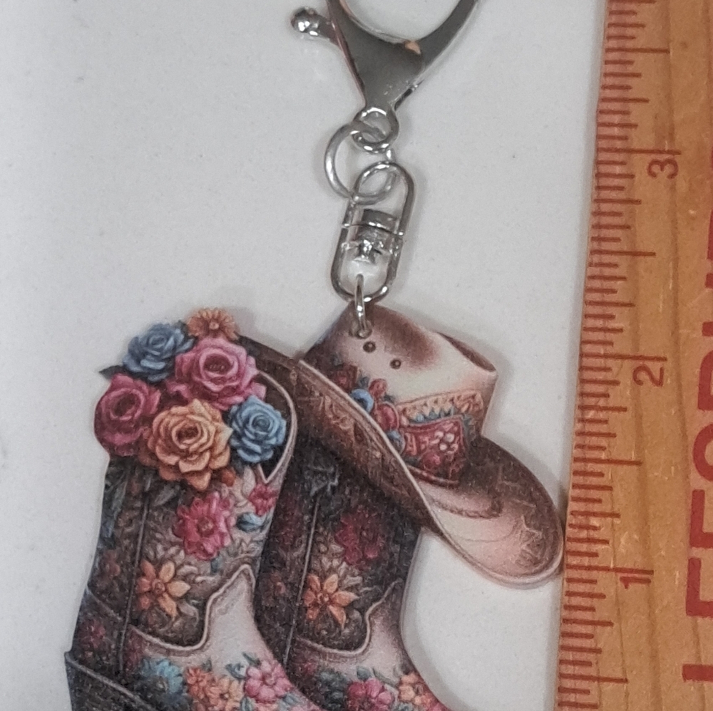Floral Cowboy Boots and Hat Keychain - Picture 3 of 3